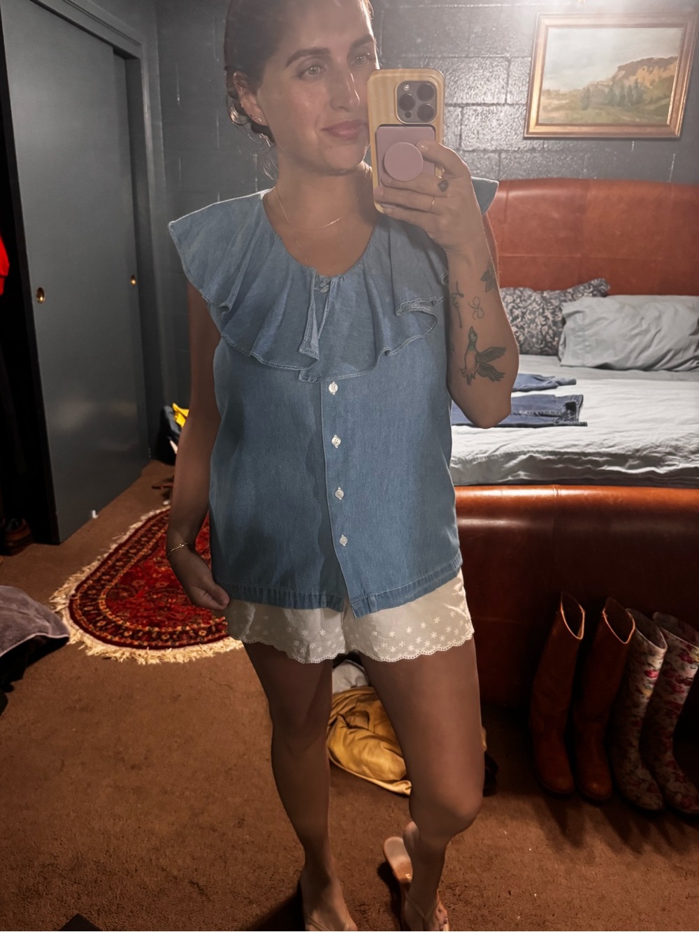 Vintage Denim Ruffle Blouse